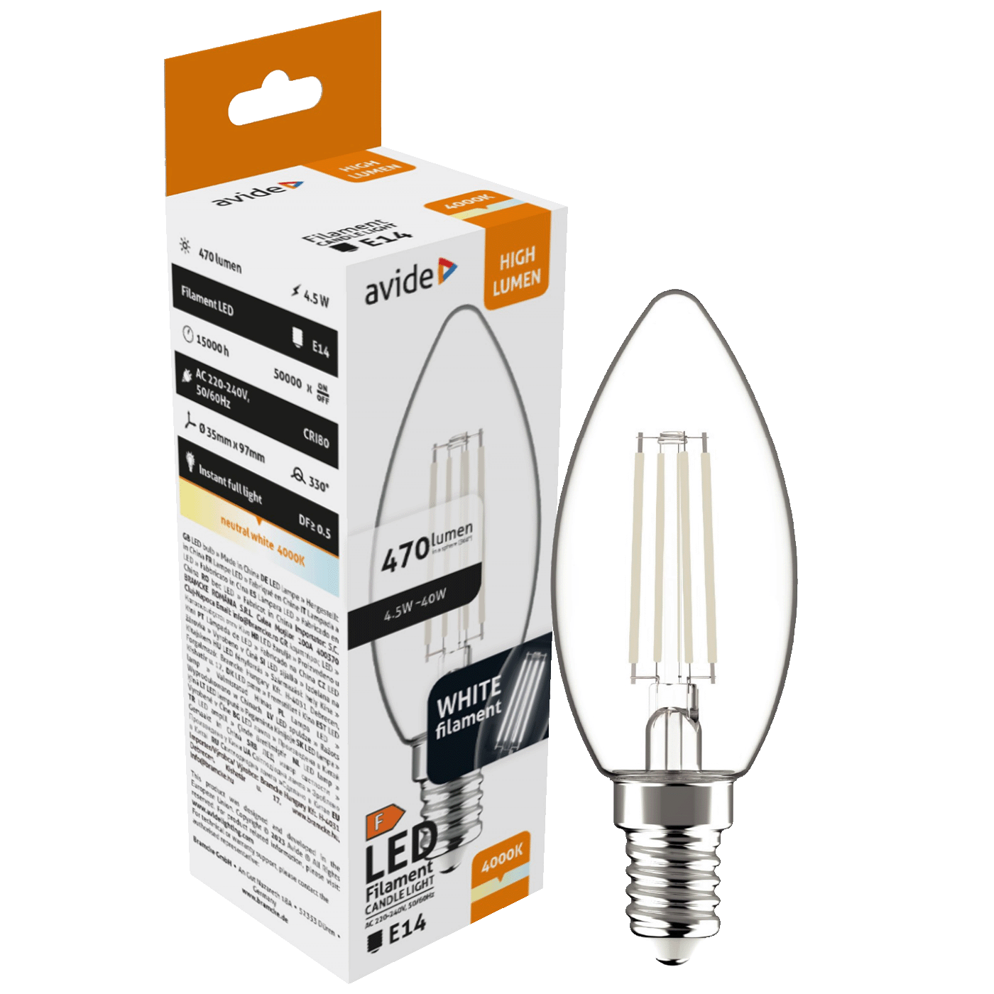 Avide Žarulja, LED 4.5W, E14, 4000K, 230V AC, bijela svjetlost - White Filament Candle 4.5W E14 1 Avide Žarulja, LED 4.5W, E14, 4000K, 230V AC, bijela svjetlost - White Filament Candle 4.5W E14